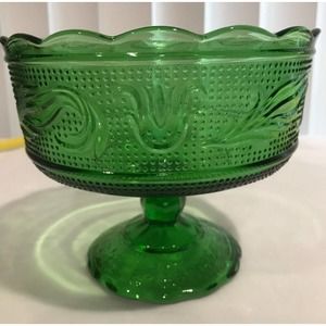 Vintage Green Glass Scalloped Edge Footed Compote 1960/E.O Brody Signed MCM Bowl
